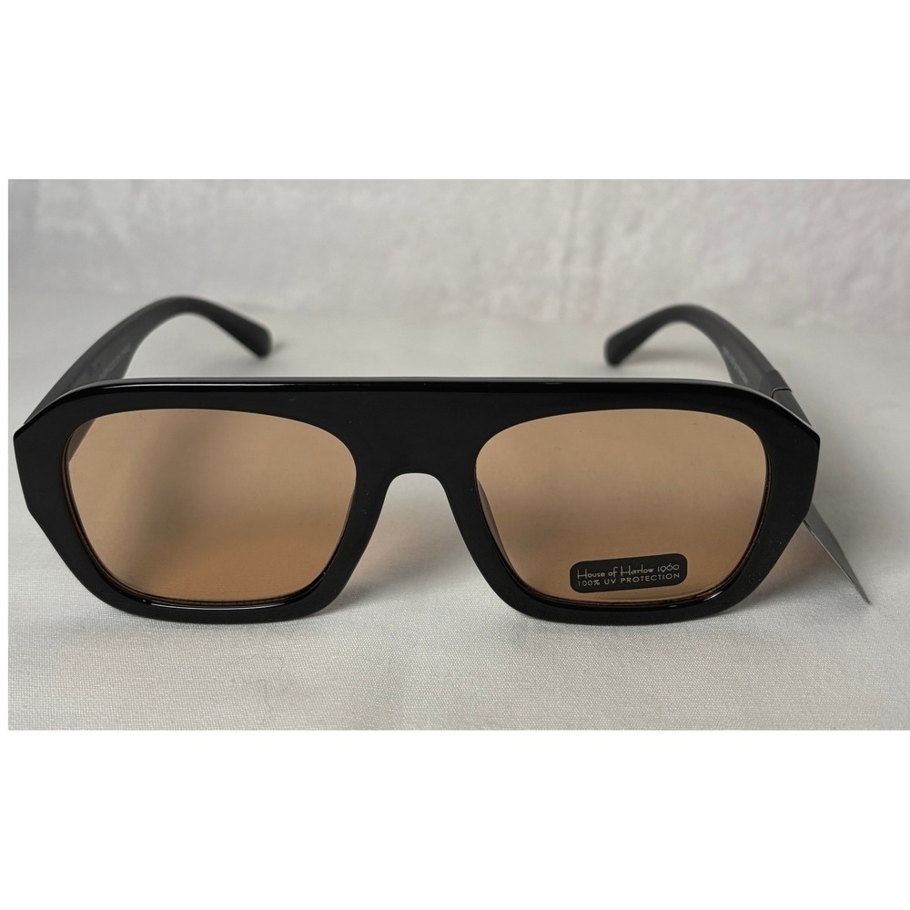 House of Harlow 1960 Black Flat Top Square Sunglasses Tan Lens NEW